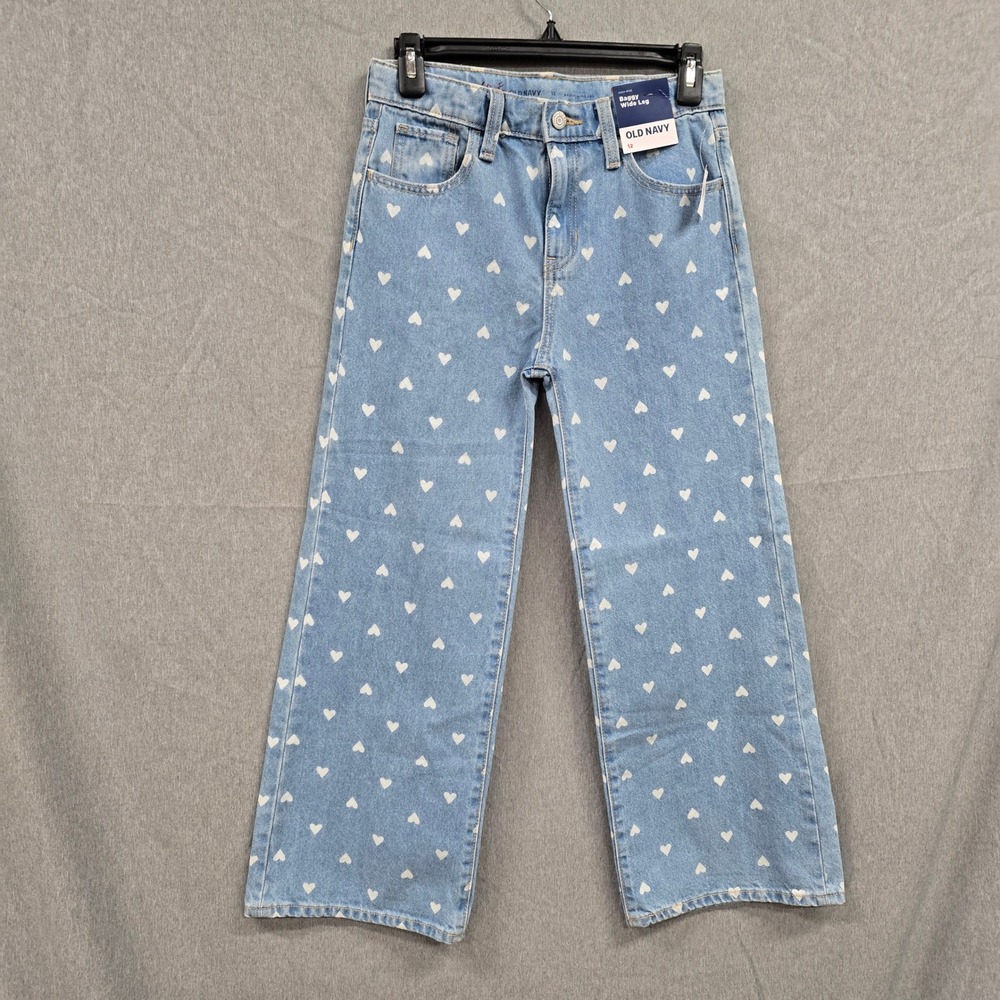 Old Navy Girls Baggy Wide Leg High Rise Heart Print Jeans Size 12